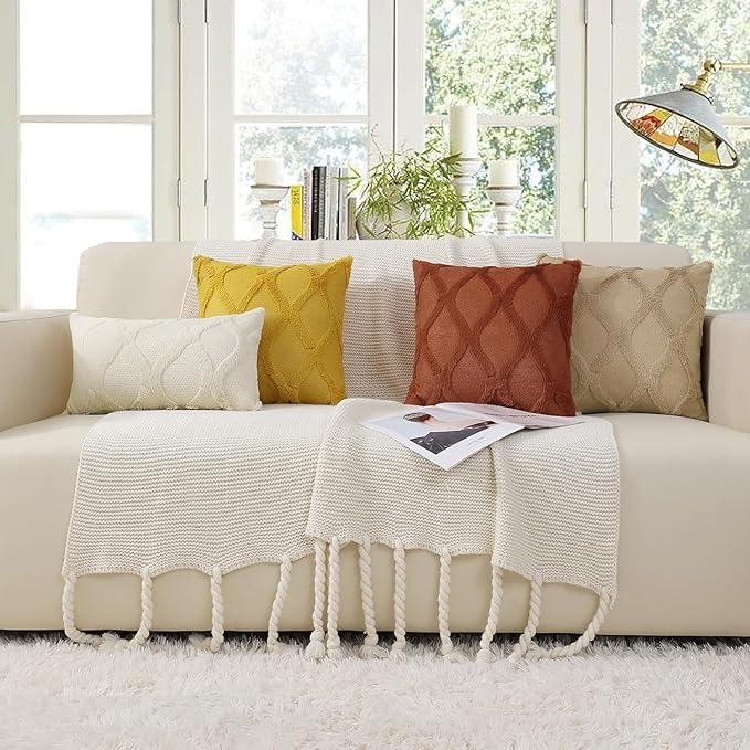 decorUhome Fall Throw Pillow Covers 22x22 Inch Set of 2, Soft Plush Faux Fur Wool Mustard Yellow Couch Pillow Covers, Decorative Neutral Pillow Cases for Bed Sofa Living Room Home Decor