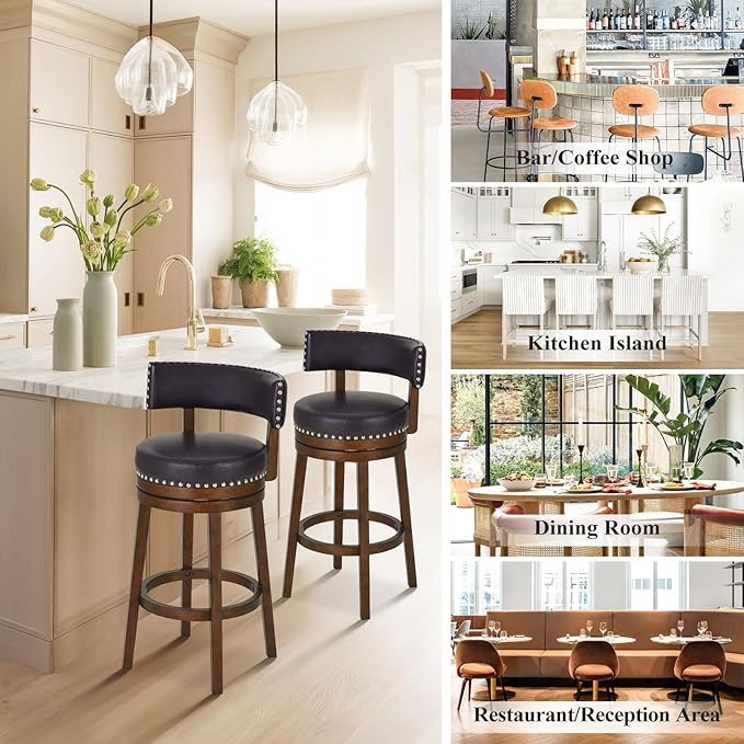 COLAMY Swivel Bar Stool, Swivel Bar Height Bar Stool, Modern Swivel Barstool with Back, Upholstered Wood Barstool for Kitchen Island Dining Room Bar, Dark Brown, FM-4840-30-DarkBrown-L