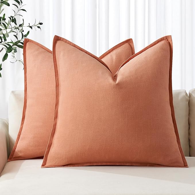 MIULEE Decorative Linen Euro Sham Pillow Covers 22x22 Inch Coral Boho Farmhouse by MIULEE