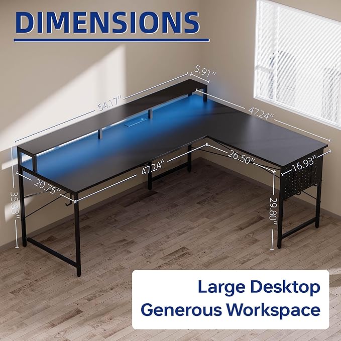 Pamray 64 Inch L Shaped Gaming Desk with Power Outlets and Led Lights, Large Corner Computer Desk with Monitor Stand and Pegboard, PC Table for Home Office and Bedroom Black