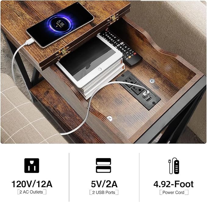 Toocust End Table Living Room with Charging Station, 11"D x 24"W x 23"H, Flip Top Side Table with USB Ports and Outlets, Narrow End Table with 5.3" Deep Drawer, Reinforced Steel X-Frame, Rustic Brown