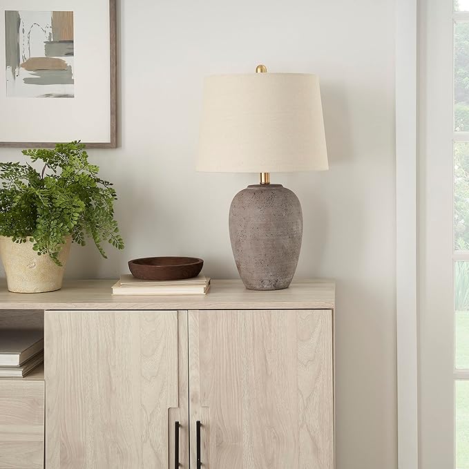 Nourison Home 23" Greyish Brown Earth Tone Rustic Farmhouse Ceramic Table Lamp for Bedroom, Living Room, Dining, Office, with Beige Linen Shade