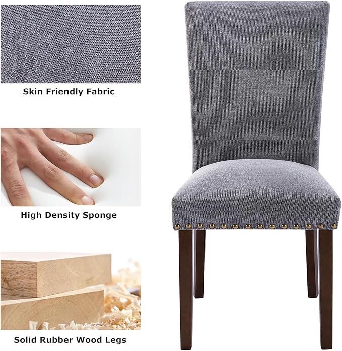 COLAMY Upholstered Parsons Dining Chairs Set of 6, Fabric Dining Room Kitchen Side Chair with Nailhead Trim and Wood Legs - Dark Grey