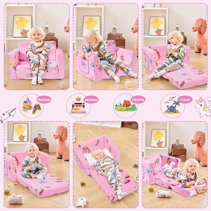 Toddler Chair Comfy,2-in-1 Soft Toddler Couch Fold Out for Kids,Convertible Sofa to Lounger,Gift for Girls and Boys Birthday,Rainbow