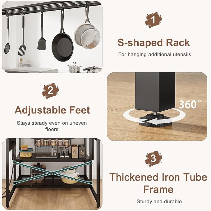 46" Large Kitchen Island Table Baker Rack with Power Outlet and 3-Tier Storage-Microwave Stand Oven Shelf, Metal Coffee Bar Table,Kitchen Storage Shelf for Dining Living Room, 5 Hooks,Vintage