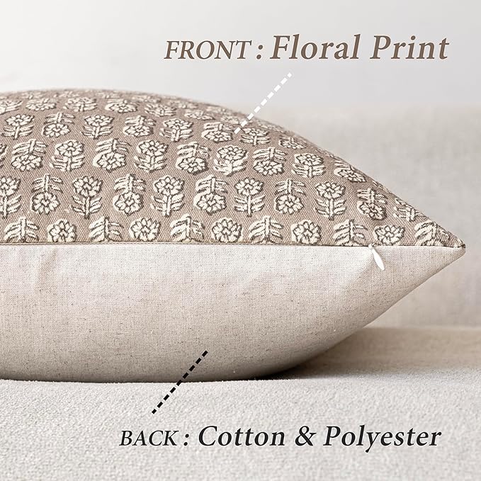 Foindtower Set of 2 Decorative Vintage Floral Print Throw Pillow Covers Neutral Modern Farmhouse Cushion Covers Boho Home Decor for Sofa Chair Couch Bedroom Living Room Outdoor,18×18 Inch,Tan Taupe