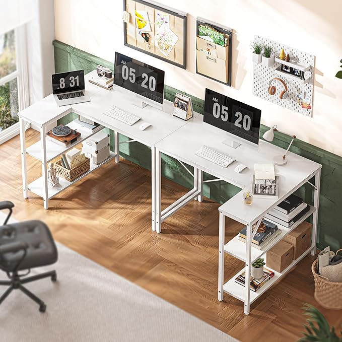 Huuger L Shaped Desk, 39 Inches Computer Desk with Reversible Storage Shelves, for Gaming Corner Home Office Writing Study, Metal Frame, White