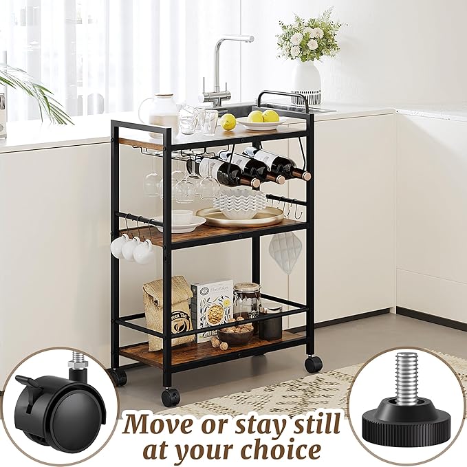 Home Bar Serving Cart, Serving Cart with Wheels and Handle, 3 Tier Rolling Kitchen Cart, Microwave Cart, Beverage Cart with Wine Holder and Glass Holders, for Dinning Room, Living Room, Kitchen