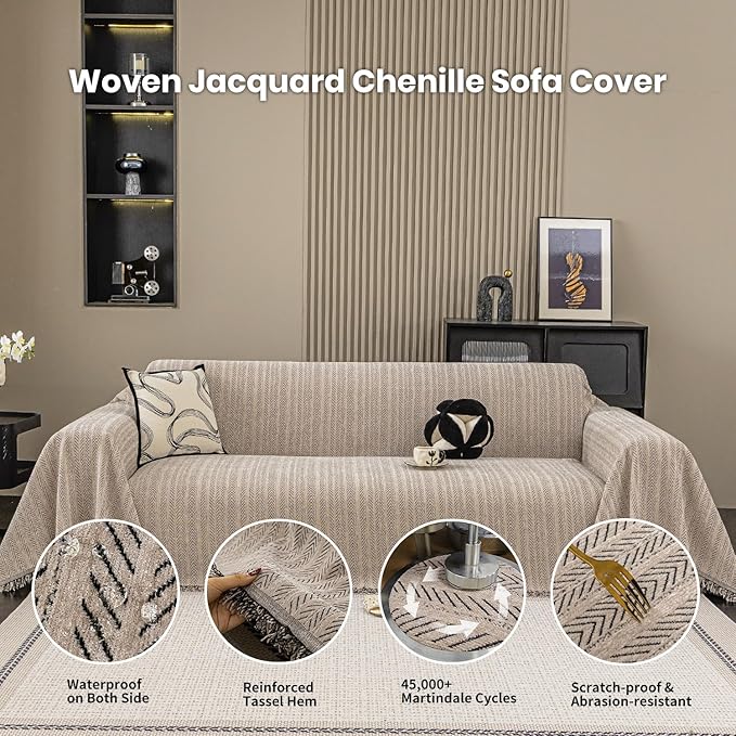 Nobildonna Sofa Cover Washable Soft Thicken Chenille Couch Cover with Tassel,Waterproof Sofa Slipcover for 3-4 Cushion Couch,Sectional Sofa,L-Shaped Furniture Protector Pet-Friendly,Brown 91"x150"