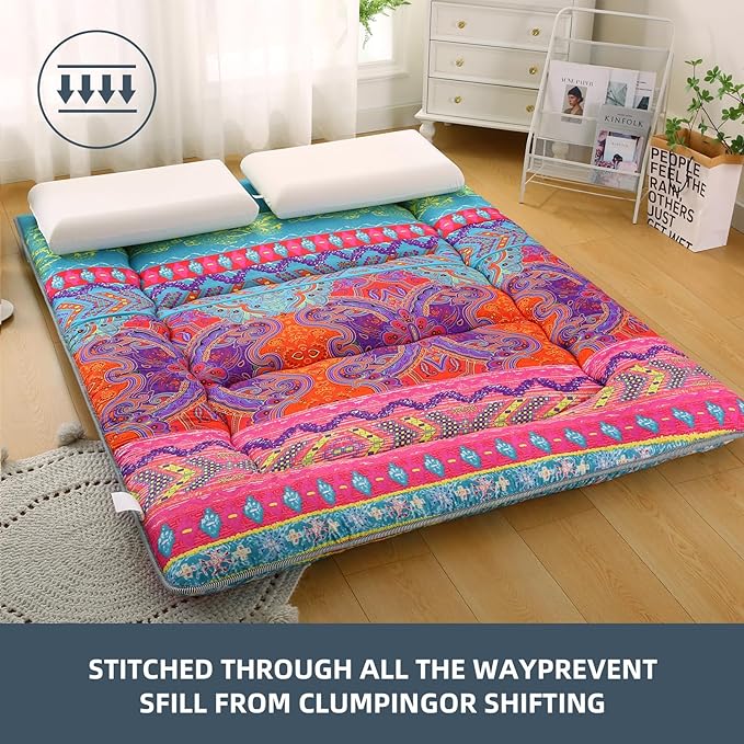 Bohemian Retro Japanese Floor Mattress, Vintage Floral Tatami Floor Mat, Portable Roll up Futon Mattress for Guest,Tavel (D,Twin 80" x 36")