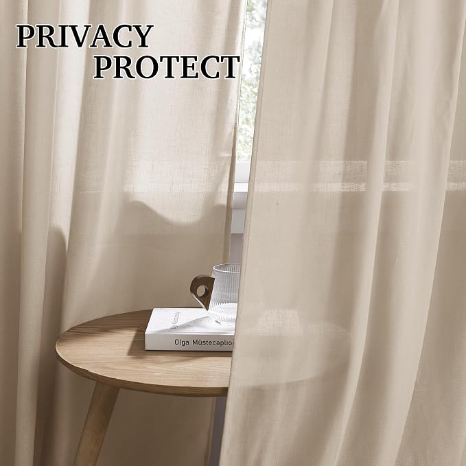 RYB HOME Linen Sheer Curtains 90 inches Long 2 Panels Set, Natural Lightweight - Image 3