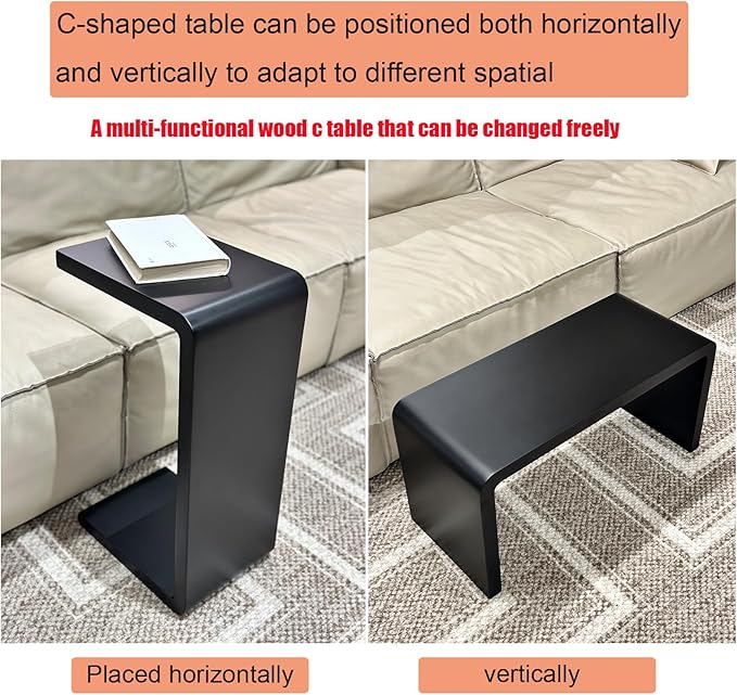 C Shaped End Table, Solid Wood C Side Table for Couch Sofa and Bed, Sofa Tables That Slide Under for Space Saving, Small Snack C Tables for Living Room Bedroom (H 24.4″ - Black, 2)