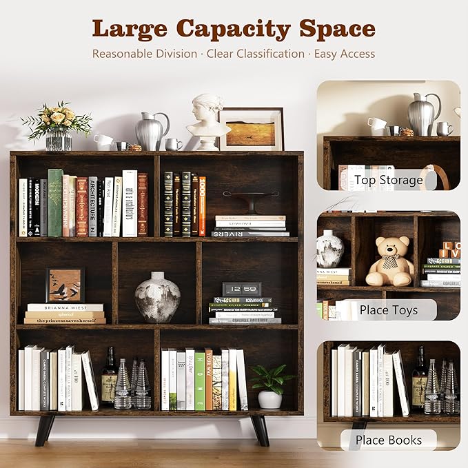 Shintenchi Cube Storage Organizer, 3 Tier Mid-Century Bookcase with Legs Cubeicals Retro Wood Organizer Storage Bookcase, Freestanding Open Book Shelves for Bedroom,Living Room,Office(Brown)