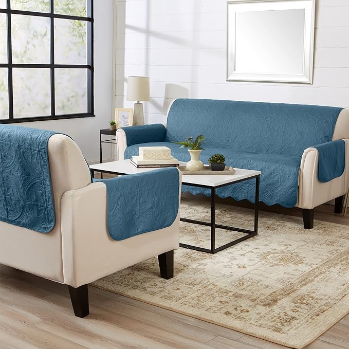 Great Bay Home Medallion Stitched Solid Furniture Protector Stain Resistant Durable Furniture Protector Elenor Collection (Loveseat, Smoke Blue/Ivory)