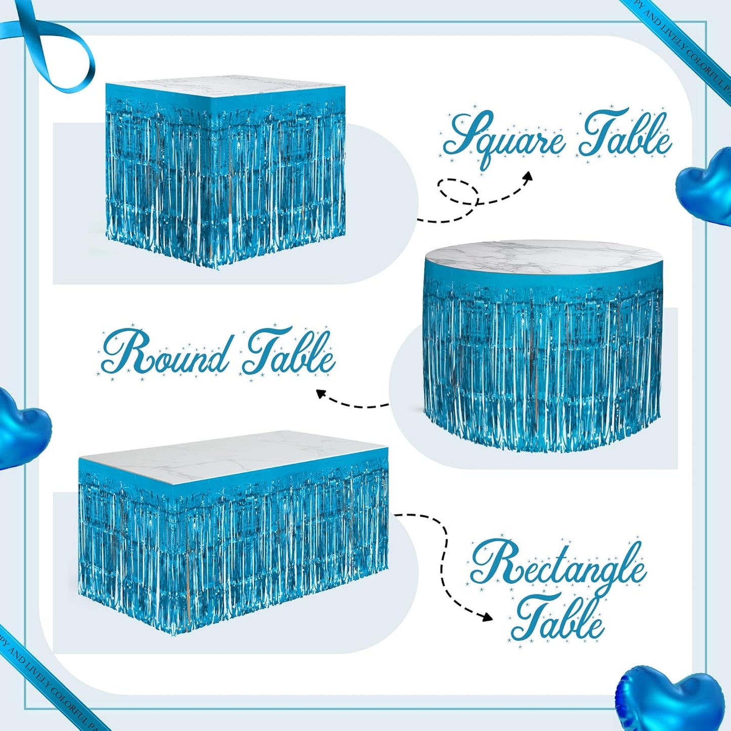 1 Pack Lake Blue Table Skirts, 29x108" Metallic Foil Tinsel Fringe Table Skirts for Rectangle Tables Streamer Curtains Backdrop, Party Decorations for Birthdays Weddings Holidays