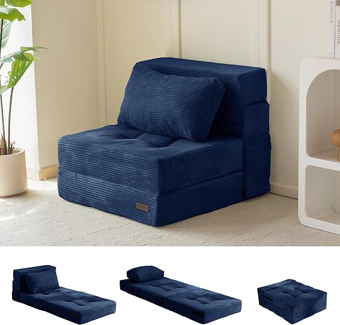 MAXYOYO Convertible Sofa Bed, Fold Out Single Sleeper Sofa with Pillow, 4 in 1 Tufted Folding Couch Bed Foam Floor Couch, Lazy Chair for Living Room Bedroom Guest Room, Navy