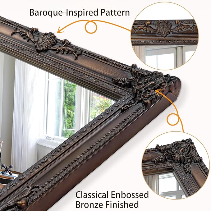 Large Bronze Mirror, 53''x29.5''Vintage Mirrors with Ornate Wooden Frame, Decorative Mirror for Living Room Dining Room Hallway, Horizontal/Vertical