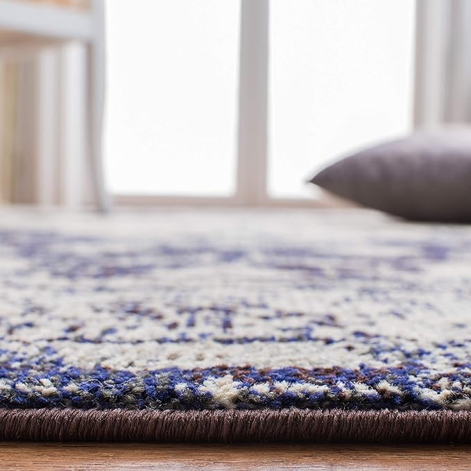 SAFAVIEH Monaco Collection Accent Rug - 4' x 5'7", Ivory & Navy, Boho Medallion Distressed Design, Non-Shedding & Easy Care, Ideal for High Traffic Areas in Entryway, Living Room, Bedroom (MNC243C)