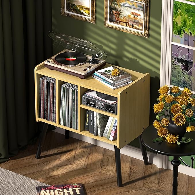 Record Player Table, Mid-Century Record Player Stand with Vinyl Storage Hold Up to 150+ Albums, Vinyl Record Cabinet with Adjustable Shelves, Wood Turntable Stand for Music Living Room (Walnut)