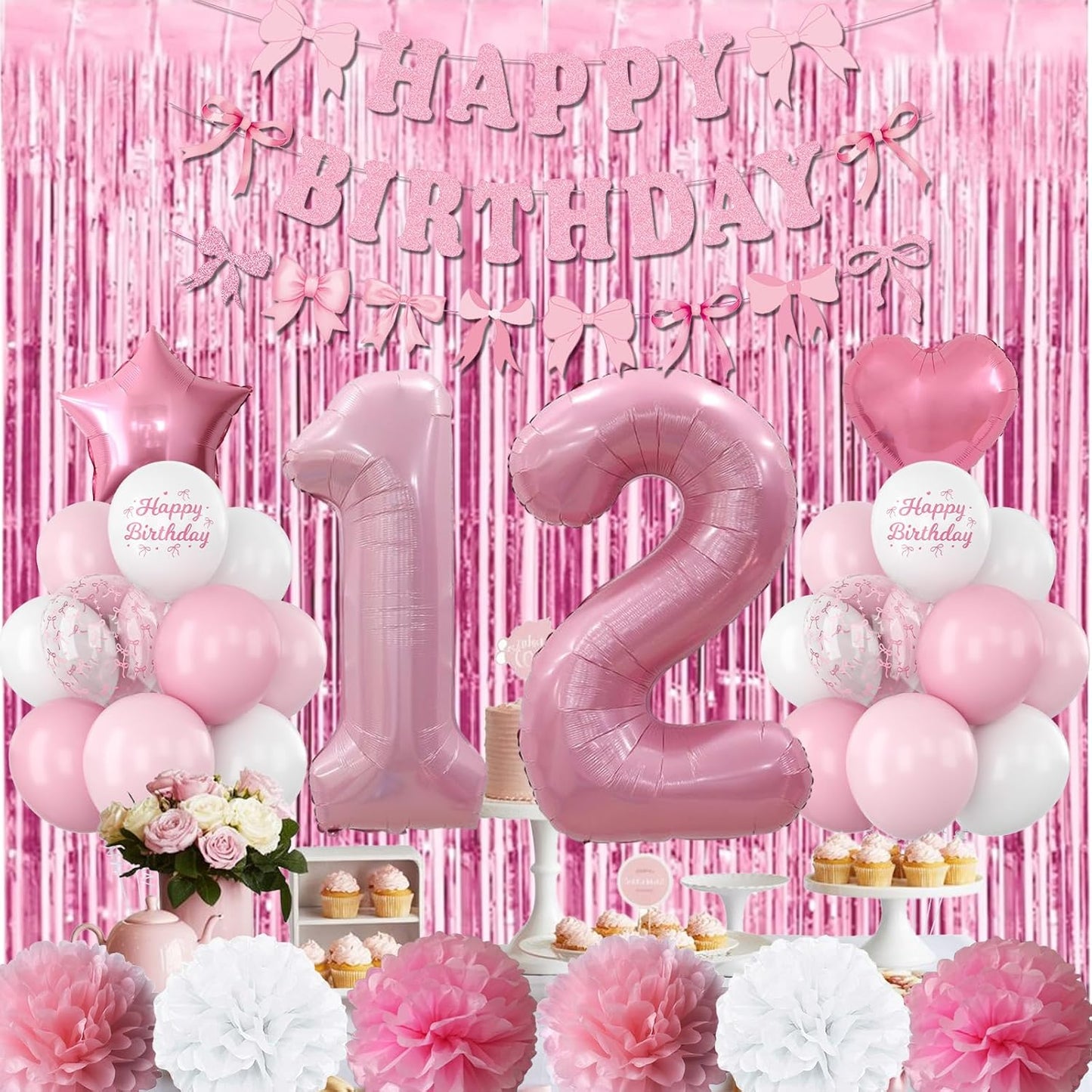 12th Birthday Decorations for Girls Pink Number 12 Balloon Bow Coquette Happy Birthday Banner Fringe Curtain Paper Pom Poms Star Heart Foil Pink White Balloons 21 Year Old Party Decor