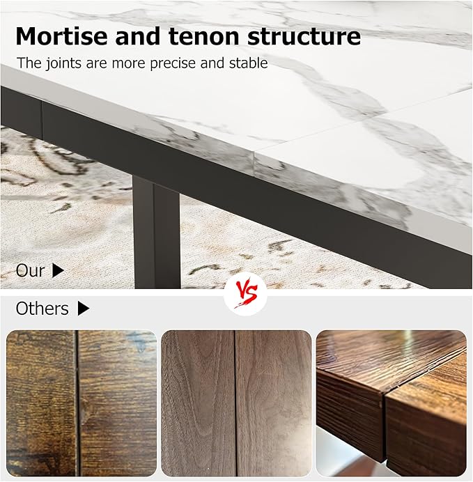 GarveeHome 70.8in Industrial Dining Table for 6, Wooden Long Dinner Table with Mortise Tenon Design, Kitchen Table with Sturdy Metal Legs, for Dining Room Home Office Living Room, White