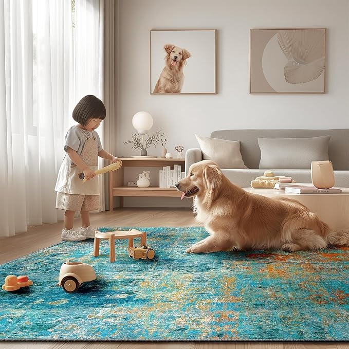 Washable Area Rugs 4ft Non-Slip Modern Abstract Soft for Living Room Entryway Bedroom Nursery, Print Pattern, Teal Blue Green Orange Rust Red Colorful