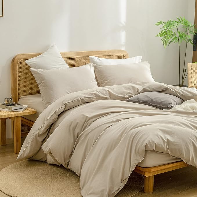 BESTOUCH Duvet Cover Set 100% Washed Cotton Linen Feel Super Soft Comfortable Chic Lightweight 3 PCs Home Bedding Set Solid Almond Milk Grey Oversized King