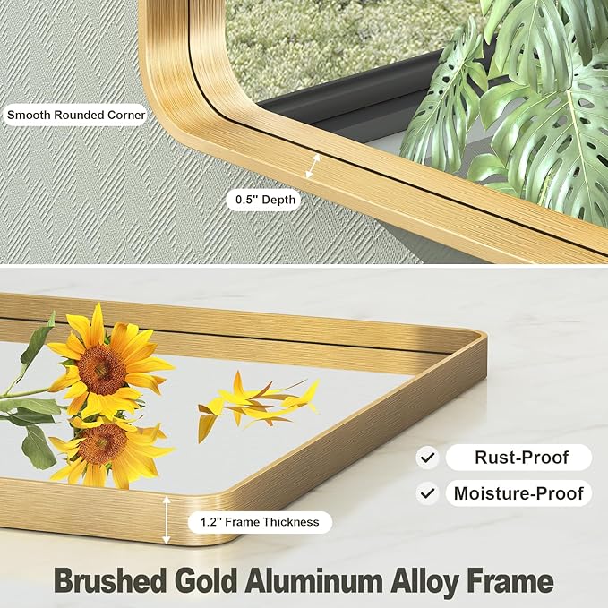 55x36 Inch Gold Framed Bathroom Mirror, Rectangle Brushed Gold Metal Vanity Mirror, Large Modern Mirror for Wall, Rounded Corner, Tempered Glass, Anti-Rust, Shatterproof (Horizontal/Vertical)