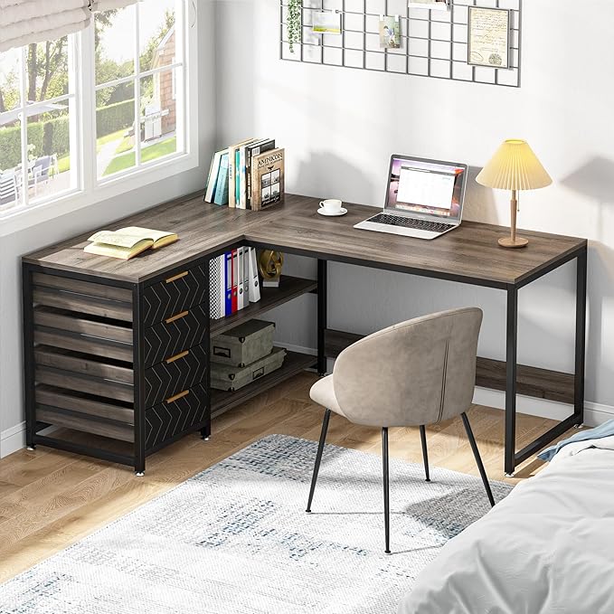 Tribesigns L Shaped Computer Desk with Storage Drawers, 59 inch Corner Desk with Shelves, Reversible L-Shaped Office Desk Writing Table Workstation for Home Office, Grey