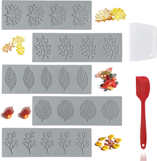 7Pcs Leaf Silicone Fondant Molds with Dough Scraper Silicone Spatula, 3D Coral Branch Leaf Chocolate Molds, DIY Baking, Sugar Craft, Wax, Gum Paste, Cupcakes, Clay