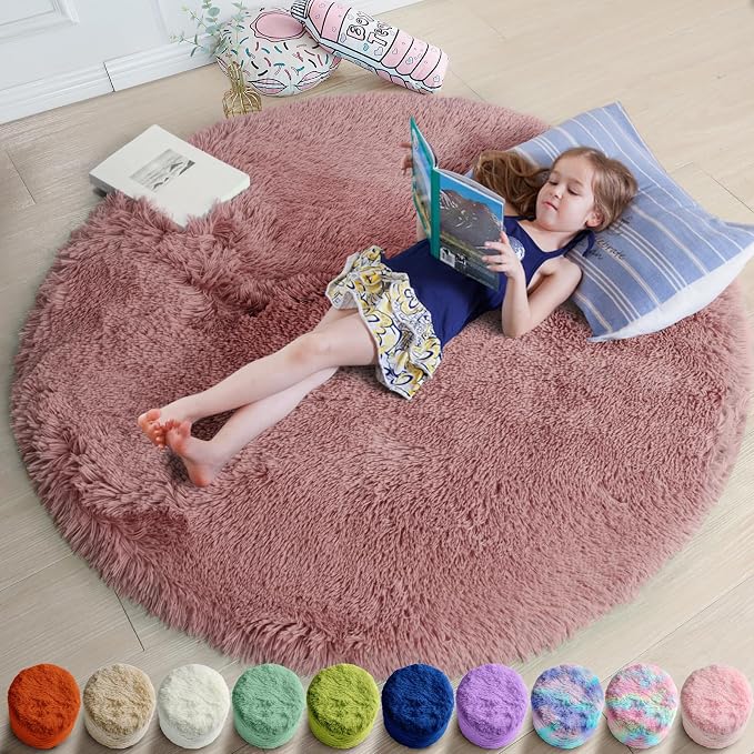 Blush Fluffy Round Rug 5Ft for Bedroom, Fuzzy Plush Circle Area Rugs for Baby by Amdrebio