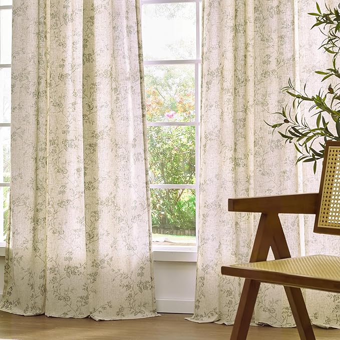 Lazzzy Green Floral Linen Curtains 96 Inch Farmhouse Back Tab Drapes - Image 9