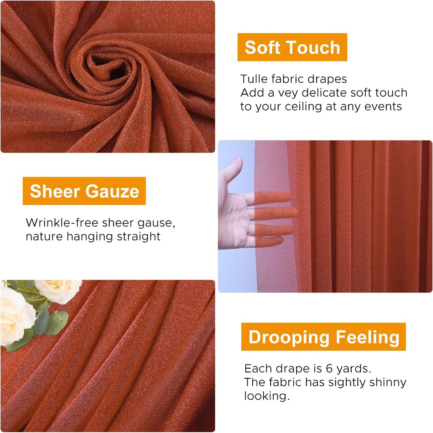 Wedding Arch Draping Fabric 4 Panels 28.7" x 20FT Terracotta Sheer Chiffon Backdrop Drapes for Wedding Ceremony Birthday Party Bridal Shower Outdoor Decoration