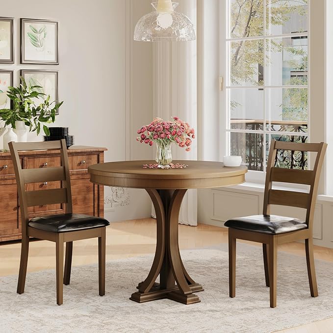 COLAMY Farmhouse Dining Chairs Set of 2, Upholstered Kitchen Chairs with Ladder Back, Modern Wood Side Dining Room Chairs with Wooden Legs for Rustic Restaurant, Dark Brown