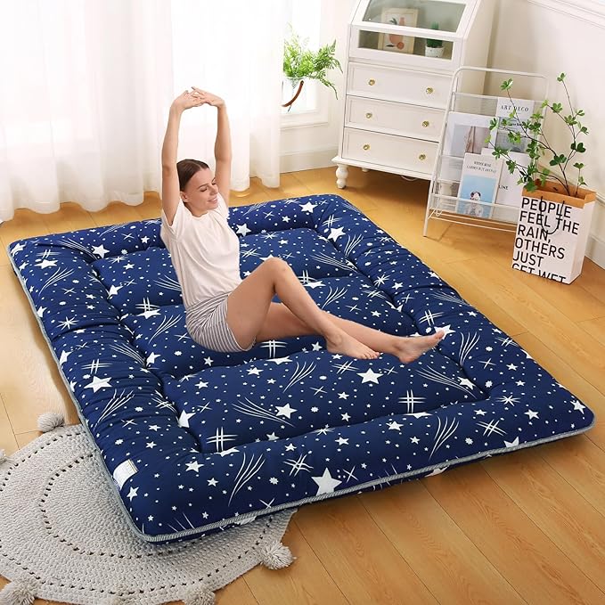 Bohemian Retro Japanese Floor Mattress, Vintage Floral Tatami Floor Mat, Portable Roll up Futon Mattress for Guest,Tavel (Starry,Full 80" X 47")