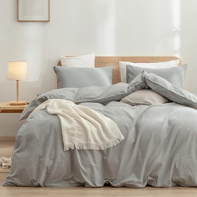 BESTOUCH Duvet Cover Set 100% Washed Cotton Linen Feel Super Soft Comfortable Chic Lightweight 3 PCs Home Bedding Set Solid Light Grey Oversized Queen
