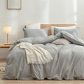 BESTOUCH Duvet Cover Set 100% Washed Cotton Linen Feel Super Soft Comfortable Chic Lightweight 3 PCs Home Bedding Set Solid Light Grey King