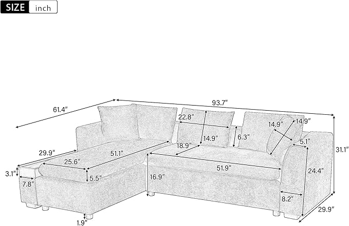 Ball & Cast Modular L-Shaped Sectional Sofa with Storage - 93.7" Chenille Fabric Couch, Deep Seating & Matching Pillows, Modern Living Room Furniture,Gray