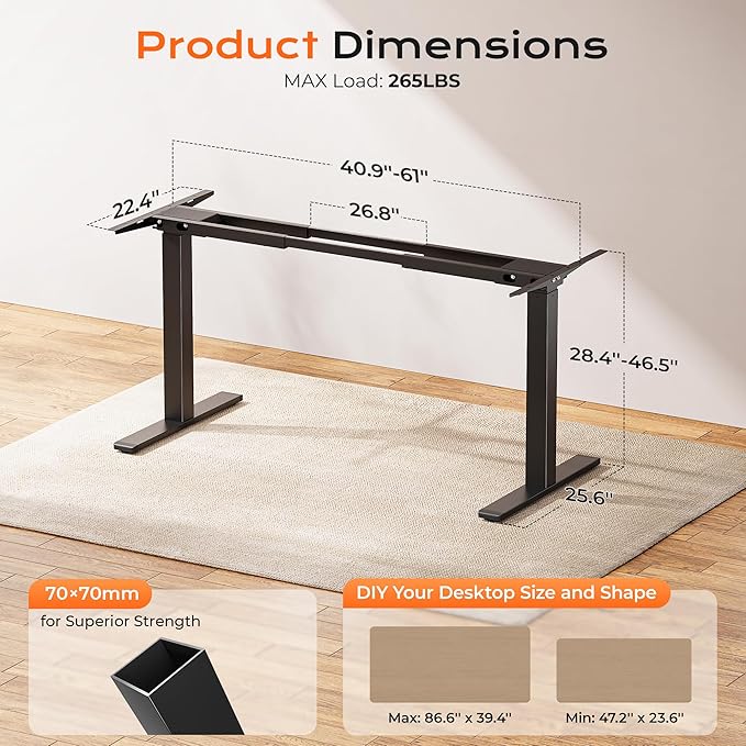 Huuger Dual Motor Electric Standing Desk Frame, Sit Stand up Desk Leg for 47.2” to 86.6” Desktop, Computer Desk Leg with Cable Tray, 3 Memory Height Presets, 2 Hooks, Black Frame Only