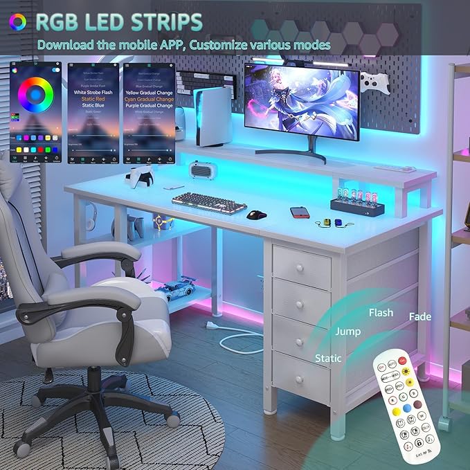 Lufeiya White Desk with Drawers Storage - 47 inch Home Office Computer Gaming Desks with Monitor Stand LED Lights and Power Outlets, White
