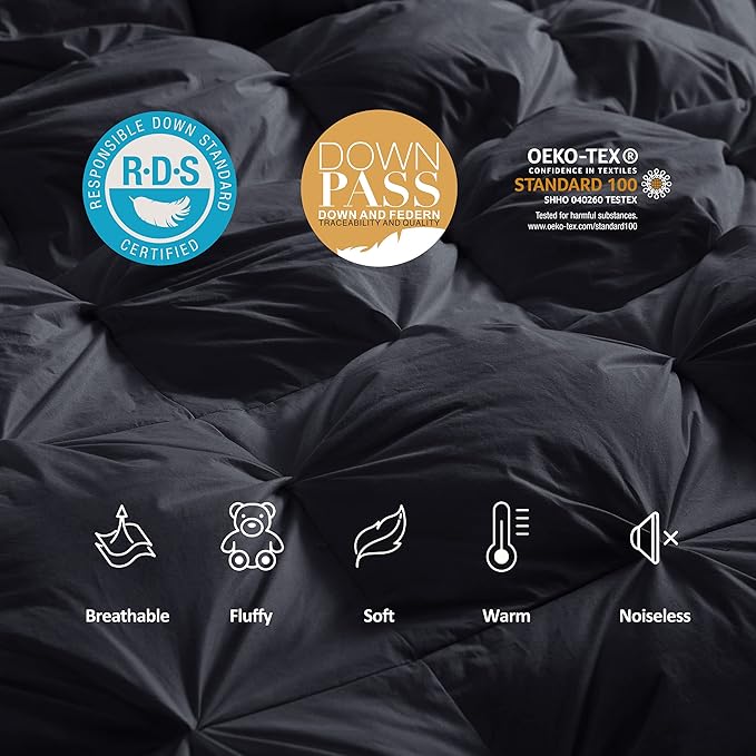 Luxurious All-Season Goose Down Feather Fiber Comforter Queen Size Duvet Insert, Exquisite Black Pinch Pleat Design, Premium Baffle Box, 100% Egyptian Cotton Cover, 65 oz. Fill Weight, Black