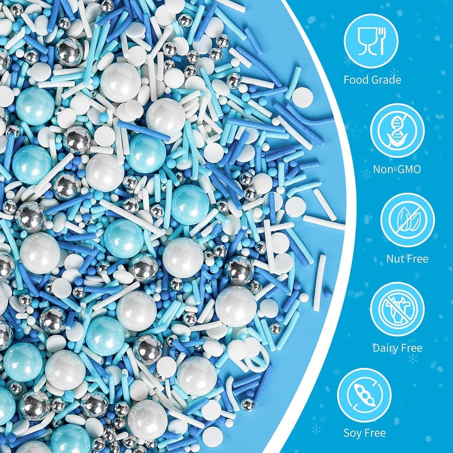 Edible Blue Silver White Sprinkles,Winter Jimmies Pearls Mix,130g/4.58oz,Perfect for Cake Decorations,Cake and Cupcake Sprinkles with Assorted Shapes and Sizes for Parties Baking, Ice Cream, Cookies, Cupcake Topper