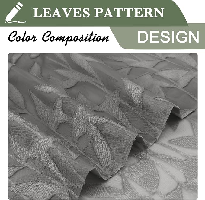 Lecloud Leia Charcoal Grey Sheer Curtains 16 Inch Length 2 Pcs, Jacquard Leaf - Image 8