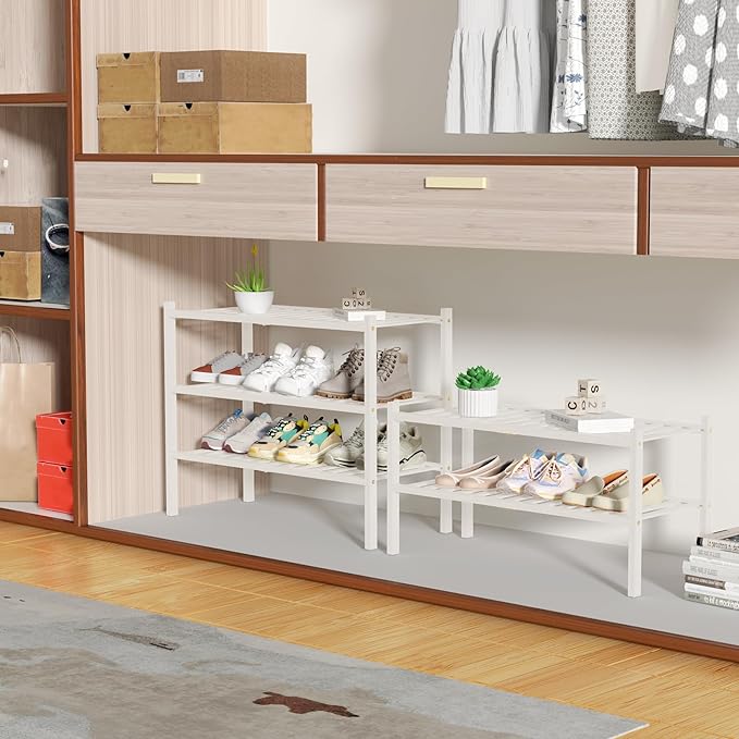 3 Tier Bamboo Shoe Rack for Closet Free Standing Wood Shoe Shelf Storage Organizer for Entryway Small Space Stackable 27"x11"x20" (White)