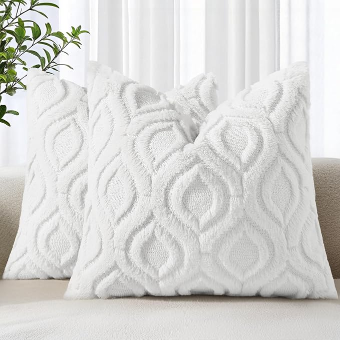 decorUhome Throw Pillow Covers 16x16 Inch Set of 2, Soft Plush Faux Wool White by decorUhome