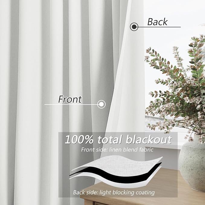 Guken White 100% Blackout Linen Curtains 52 Inch Wide by 138 Inch - Image 3