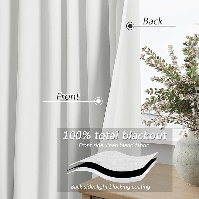 Guken White 100% Blackout Linen Curtains 126 Inch Length 2 Panels Set - Image 3
