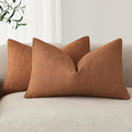 Foindtower Set of 2 Decorative Linen Check Throw Pillow Covers Neutral Farmhouse Lumbar Cushion Covers Modern Boho Home Decor for Sofa Chair Couch Bedroom Living Room Outdoor,12×20 Inch,Orange