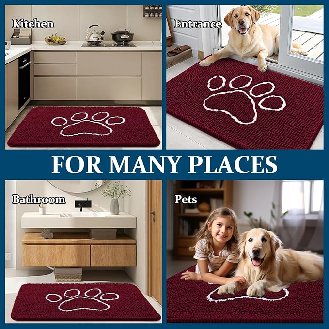 OLANLY Door Mat for Muddy Dog Paws 24x16, Ultra Absorbent Chenille Mud Doormat with Paw Print Design, Non-Slip Washable Doormat for Indoor Entryway, Quick-Dry Pet Bed Mats for Dirty Dogs, Burgundy