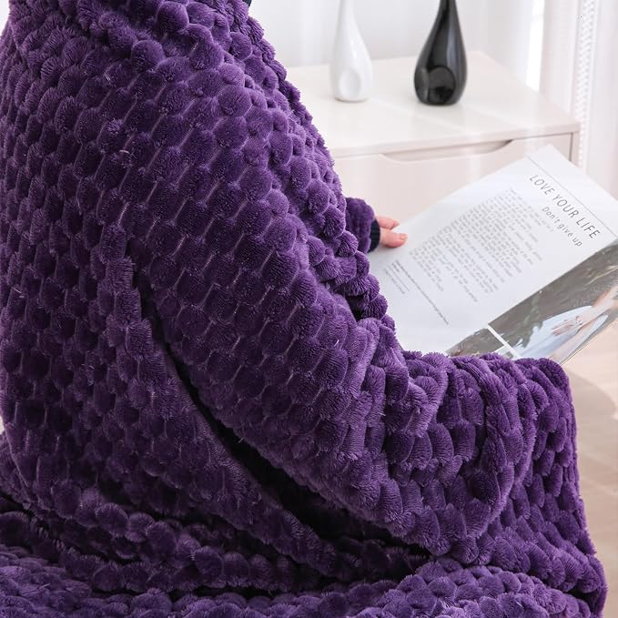 Puncuntex Deep Purple Throw Blanket 90"×90" inches Fuzzy 3D Jacquard Decorative - Image 4